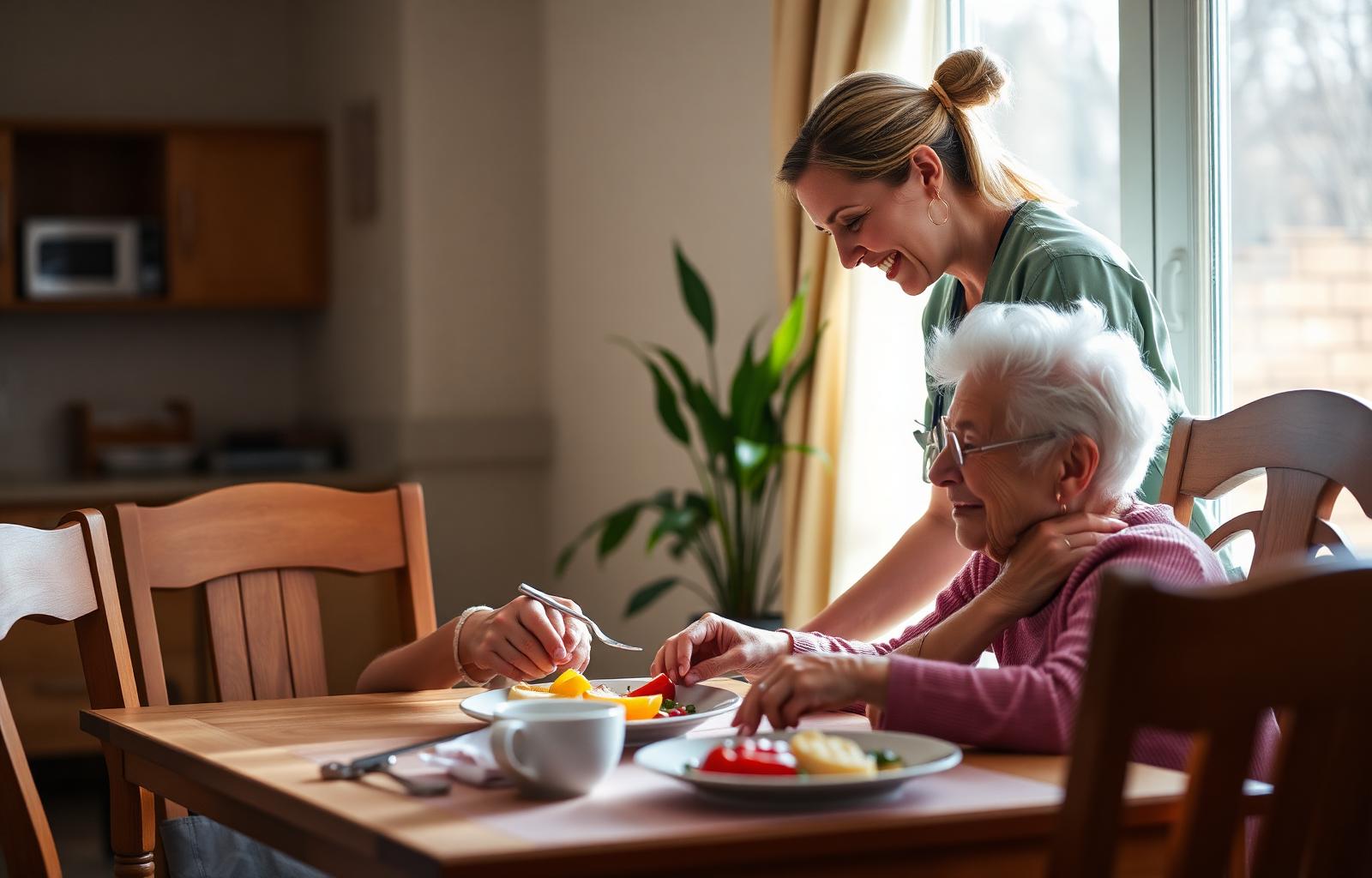 Caregiver helping senior woman with breakfast at home